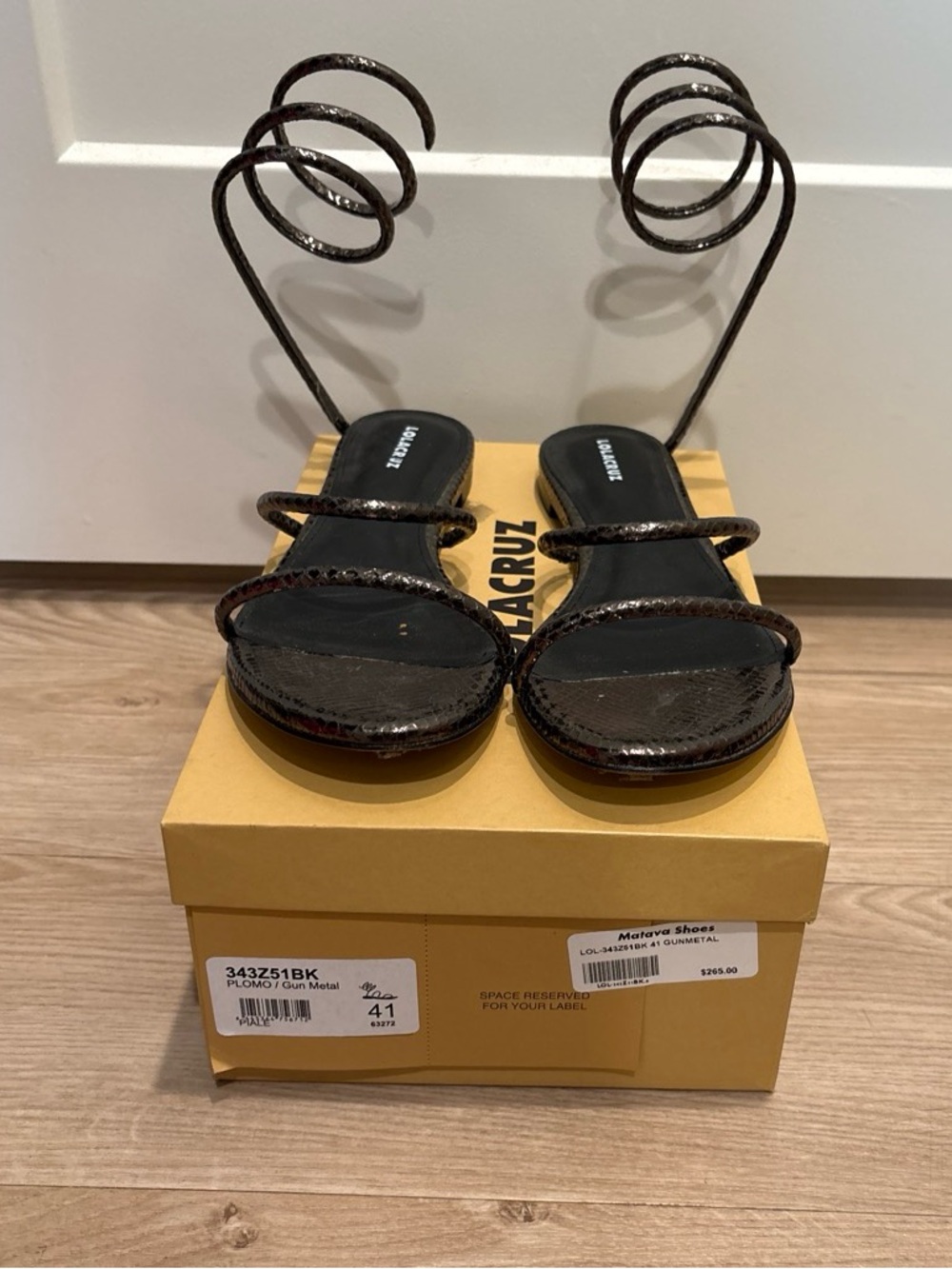 Spiral Wrap Black Snake-Effect Strappy Sandals